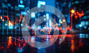 Financial Data Analysis Graph Overlay on Blurred Cityscape Background, Concept of Stock Market Trends, Economic Forecasts in