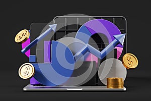 Financial data analysis and pie chart, rising arrows and stack of coins