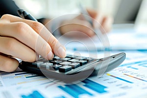 Financial data analyzing counting concept for Businessman's hands with calculator and laptop on desk in modern