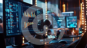 Financial data displayed on multiple computer screens in a dark room