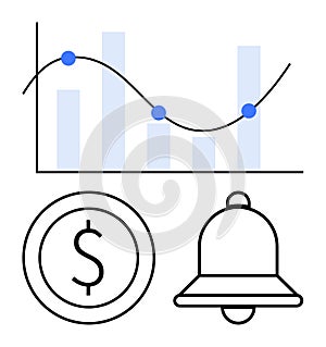 Financial data graph with dollar icon and notification bell for analytics and alerts