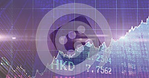 Financial data and graphs over dice against purple background, finance and economy concept