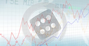 Financial data and graphs over dice against white background, finance and economy concept