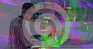 Financial data processing against african american man drinking coffee and using smartphone