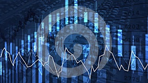 FINANCIAL DIAGRAM. UPTREND LINE. STATISTIC GRAPH WITH AUTOMOBILE INDUSTY BACKGROUND ON BLUE