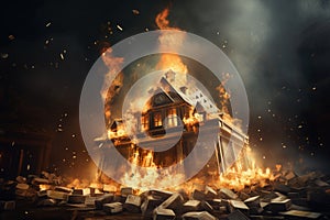 Financial disaster a house on fire, devouring money inside