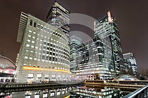 Financial district Canary Wharf in London by night
