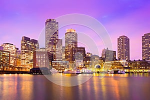 Financial District Skyline and Harbour at Dusk in Boston