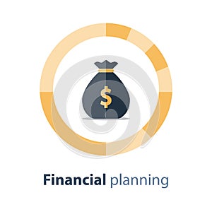 Financial diversification, budget plan, circle diagram, money bag, savings account, vector icon