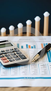 Financial document with calculator and pen, organized data implies analysis, blurred background signifies scrutiny.