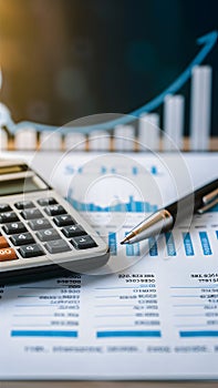 Financial document with calculator and pen, organized data implies analysis, blurred background signifies scrutiny.