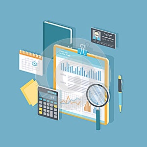 Financial document with graphs and charts on clipboard, calculator Glasses, magnifier, calendar, business card. Audit Report photo