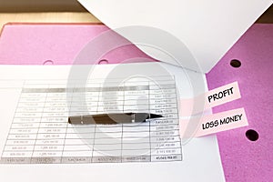 Financial document table with pen and text profit with loss money