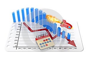 Financial economic crisis concept. Business graph with arrow and falling rocket trending downwards 3D render