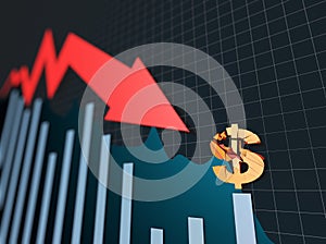 Financial economic decline and decline arrow, dollar sign, financial bankruptcy and career failure