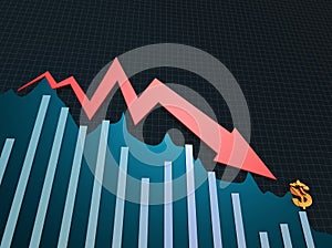 Financial economic decline and decline arrow, dollar sign, financial bankruptcy and career failure