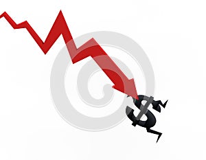 Financial economic decline and decline arrow, dollar sign, financial bankruptcy and career failure