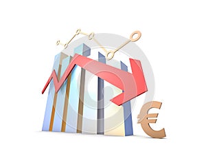 Financial economic decline and decline arrow, Euro symbol, financial bankruptcy and career failure