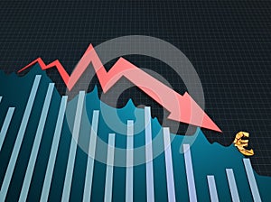 Financial economic decline and decline arrow, Euro symbol, financial bankruptcy and career failure