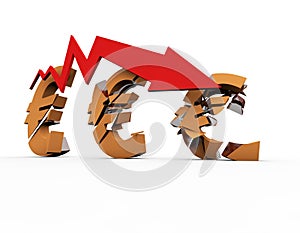 Financial economic decline and decline arrow, Euro symbol, financial bankruptcy and career failure