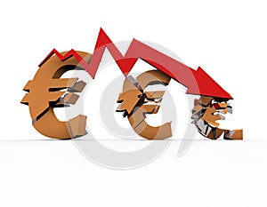 Financial economic decline and decline arrow, Euro symbol, financial bankruptcy and career failure