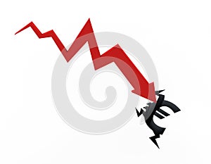 Financial economic decline and decline arrow, Euro symbol, financial bankruptcy and career failure