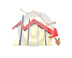 Financial economic decline and decline arrow, RMB symbol, financial bankruptcy and career failure