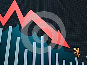 Financial economic decline and decline arrow, RMB symbol, financial bankruptcy and career failure