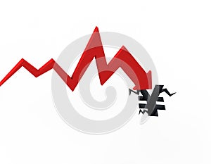 Financial economic decline and decline arrow, RMB symbol, financial bankruptcy and career failure