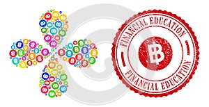 Financial Education Distress Stamp and Bitcoin Coin Multi Colored Swirl Flower Shape