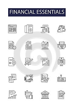 Financial essentials line vector icons and signs. Investments, Savings, Banking, Budgeting, Insurance, Creditors