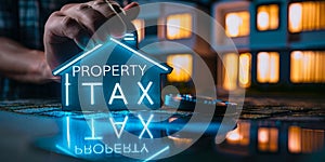 Financial Expert Analyzes Property Tax Implications Using Interactive Virtual Display with Focused Home Icon