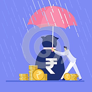 A financial expert holding umbrella to protect the money bag containing rupee from rain