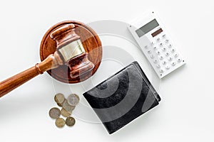 Financial failure, bankruptcy concept. Judge gavel, wallet, coins, calculator on white background top view