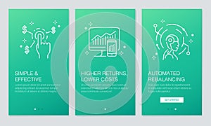 Financial and Fintech concept onboarding app screens. Modern and simplified vector illustration walkthrough screens template for m