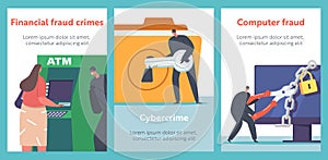 Financial Fraud Crimes Cartoon Banners. Hackers And Cyber Criminals Stealing Private Personal Data, Bank Credentials