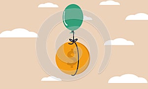 Financial freedom coin with balloon on cloud. Succeed finance and money future growth goal solution vector illustration concept.