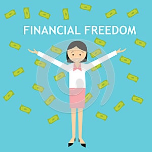 Financial freedom woman standing money rain