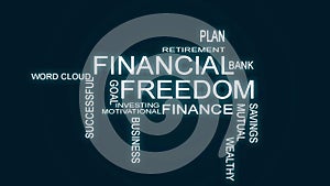 Financial Freedom word cloud with blue background