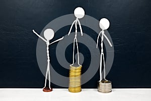 Financial fulfilment, satisfaction and contentment concept. Stick man figure standing on stack of coins podium ranking.