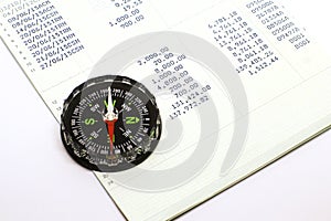 Financial funds and money dividend interest invest in passbook with black compass on white background