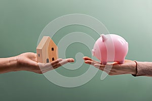 Financial Goals Cocept, Buying a New House with Savings Money. two person Holding a Piggy Bank and a Wooden House for Swap