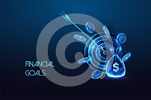 Financial goals, savings strategy, budgeting futuristic concept with money bag and target on blue