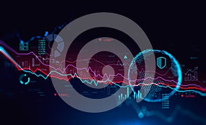 Financial graph interface and planet over dark background