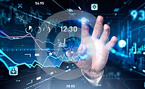 Financial graph showing increase of price in stock market, digitalization and internet trading concept, business person touching