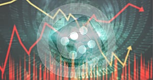 Financial graphs and computer code over dice against green background, finance and economy concept