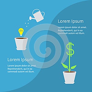 Financial growth concept. Business infographic template. Flower pot, light bulb idea, watering can, dollar tree plant. Flat design