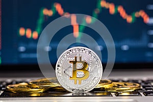 Financial growth concept with golden Bitcoins ladder on forex chart background.