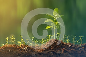Financial growth concept Seedling plant on green nature background