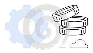 Abstract Business and Technology Concept with Gear, Coins Stack, and Cloud Elements